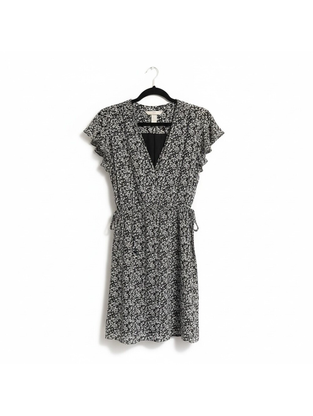 H&M Black & White Floral Tie Waist Dress XS